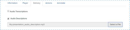 Screenshot of UI for manually uploading an audio description file to an on-demand presentation in My Mediasite.